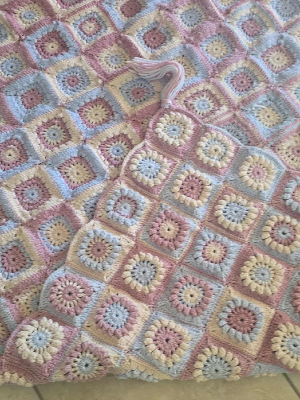 Pastel Crochet Granny Square Throw Blanket - Pink, Blue & Cream